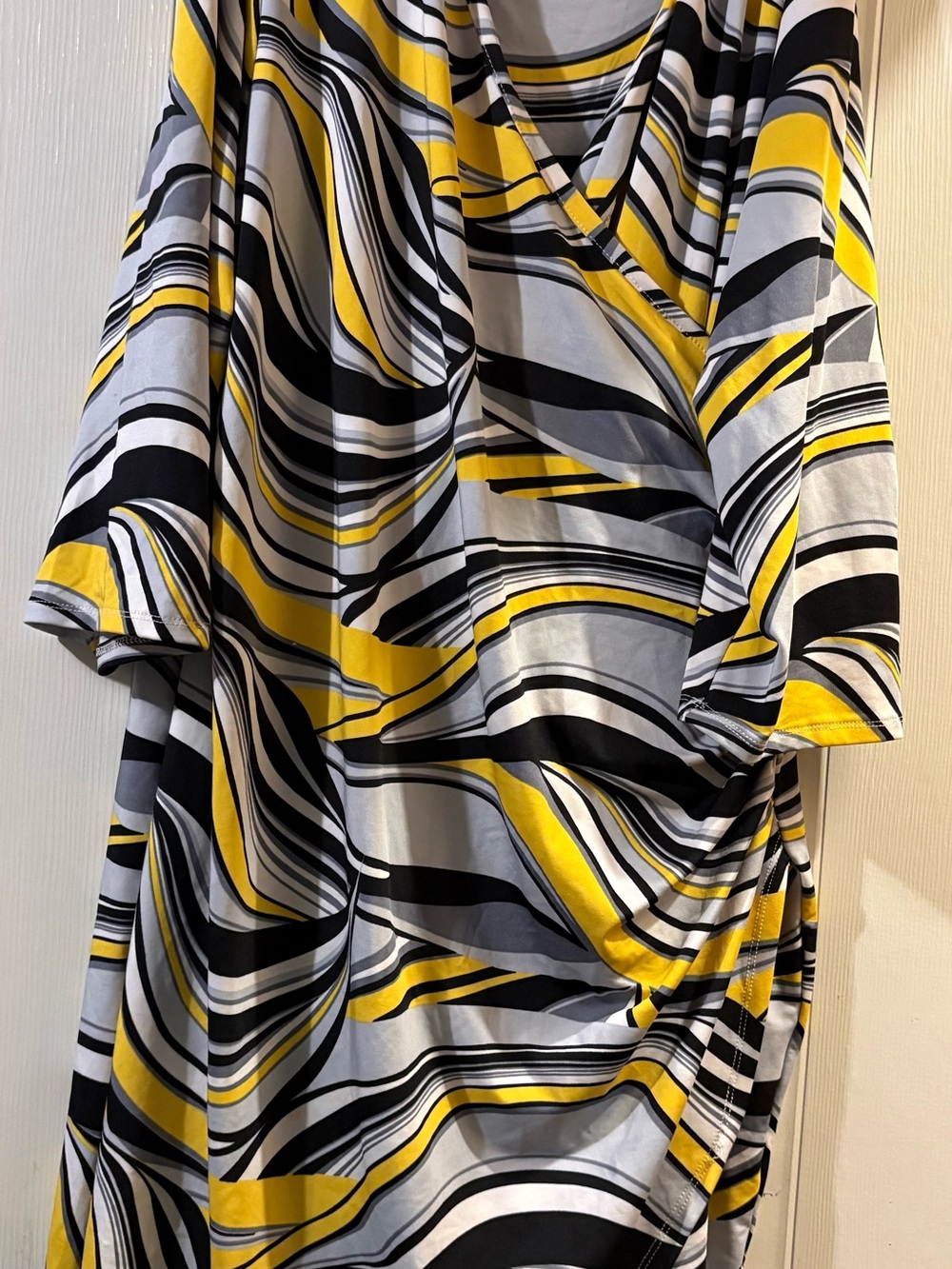 Yellow Black White Wave-Stripe Midi Wrap Dress